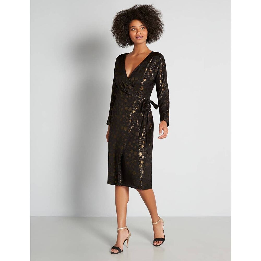 NEW Modcloth Golden Record Party Wrap Dress Black